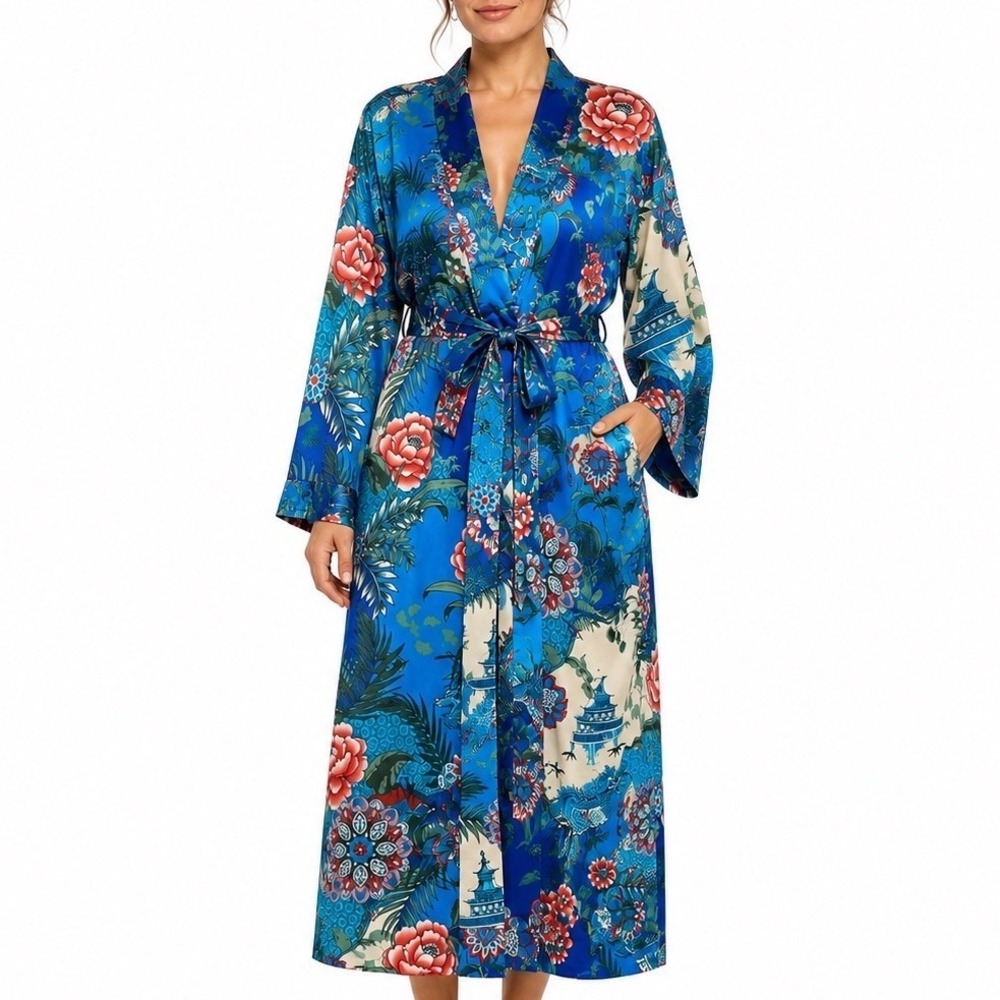 Natori Kimono Robe XL Full Length Japandi Luxe Blue Dragon Pagoda Lounge Boudoir